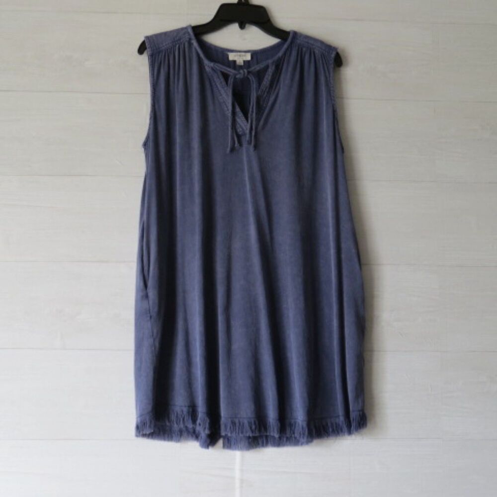 Umgee Womens Dress Size Small Blue Cotton Blend Raw Edge Pockets Boho Shift